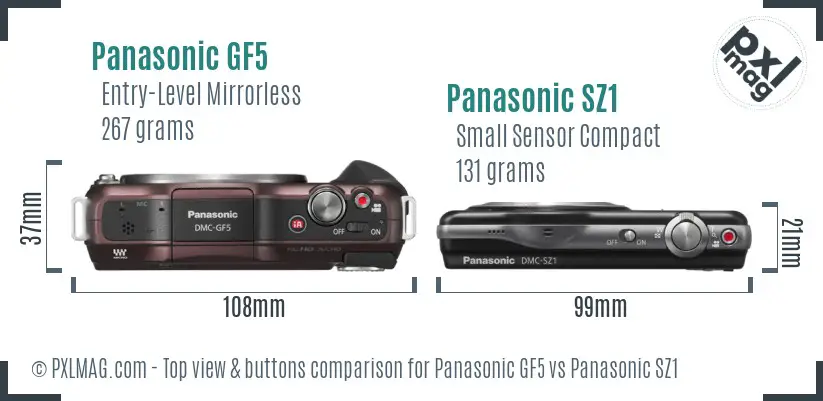 Panasonic GF5 vs Panasonic SZ1 top view buttons comparison