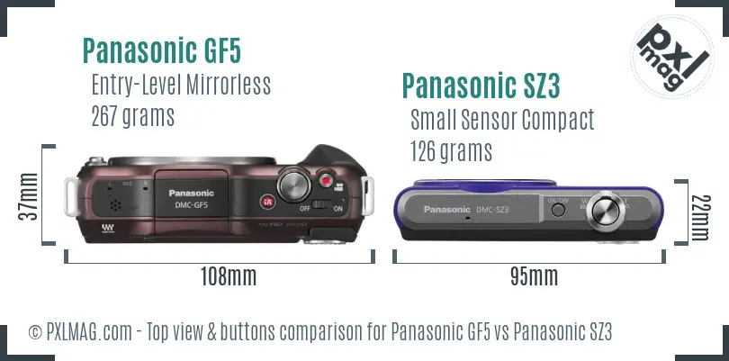 Panasonic GF5 vs Panasonic SZ3 top view buttons comparison