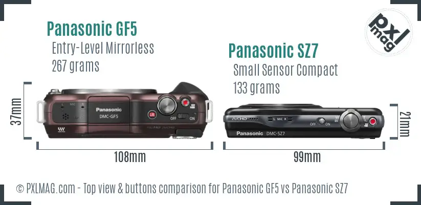 Panasonic GF5 vs Panasonic SZ7 top view buttons comparison