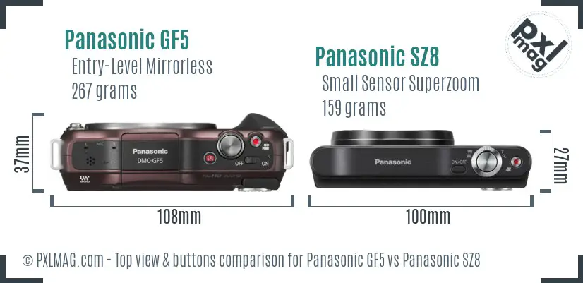 Panasonic GF5 vs Panasonic SZ8 top view buttons comparison