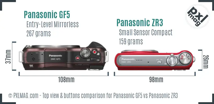 Panasonic GF5 vs Panasonic ZR3 top view buttons comparison