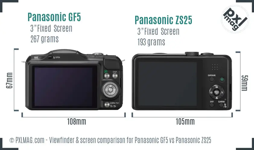 Panasonic GF5 vs Panasonic ZS25 Screen and Viewfinder comparison