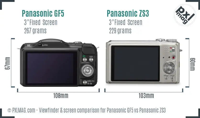 Panasonic GF5 vs Panasonic ZS3 Screen and Viewfinder comparison