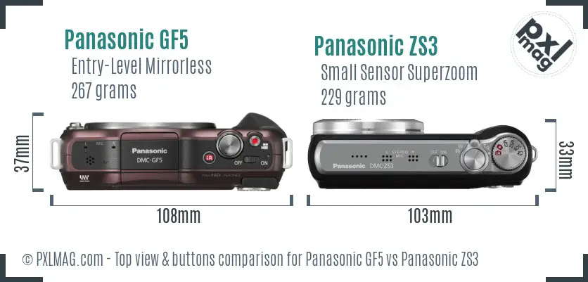 Panasonic GF5 vs Panasonic ZS3 top view buttons comparison