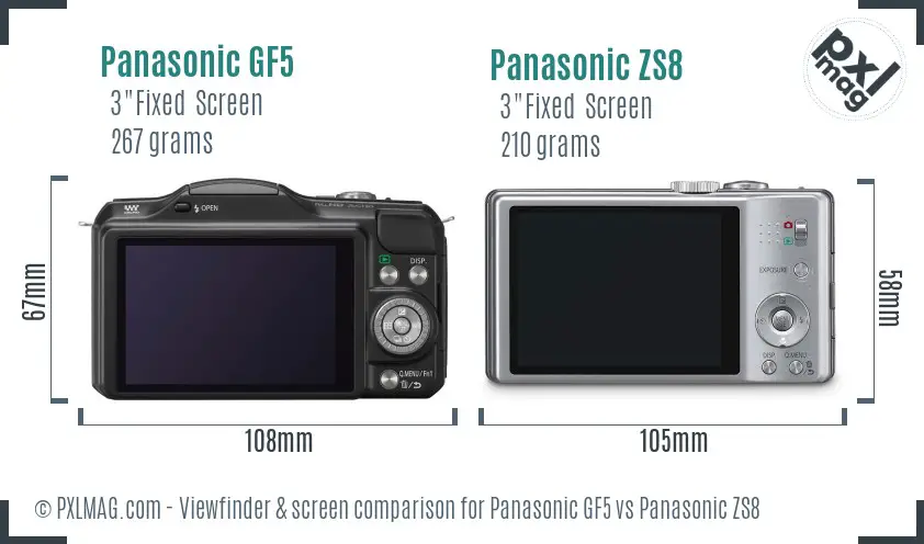 Panasonic GF5 vs Panasonic ZS8 Screen and Viewfinder comparison