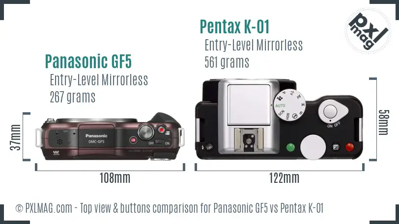 Panasonic GF5 vs Pentax K-01 top view buttons comparison