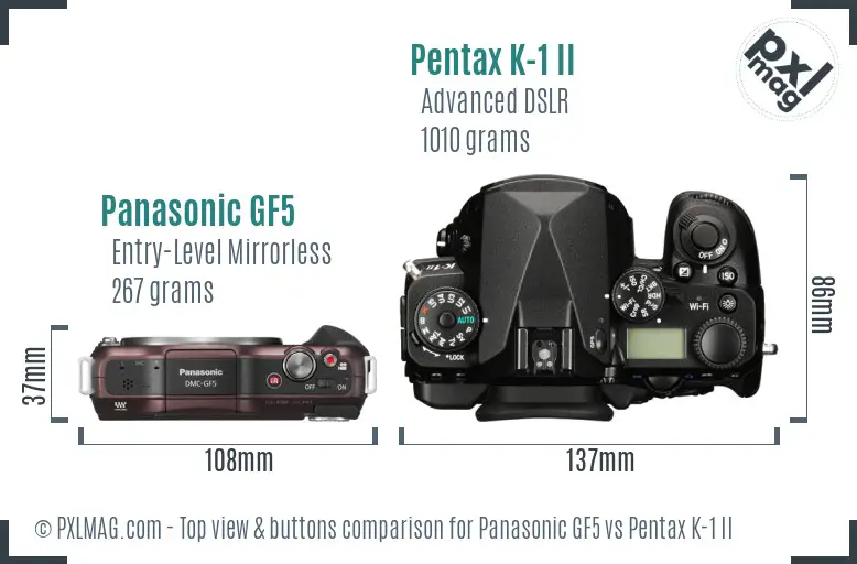 Panasonic GF5 vs Pentax K-1 II top view buttons comparison