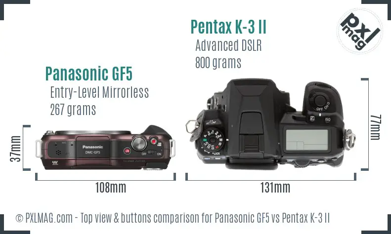 Panasonic GF5 vs Pentax K-3 II top view buttons comparison