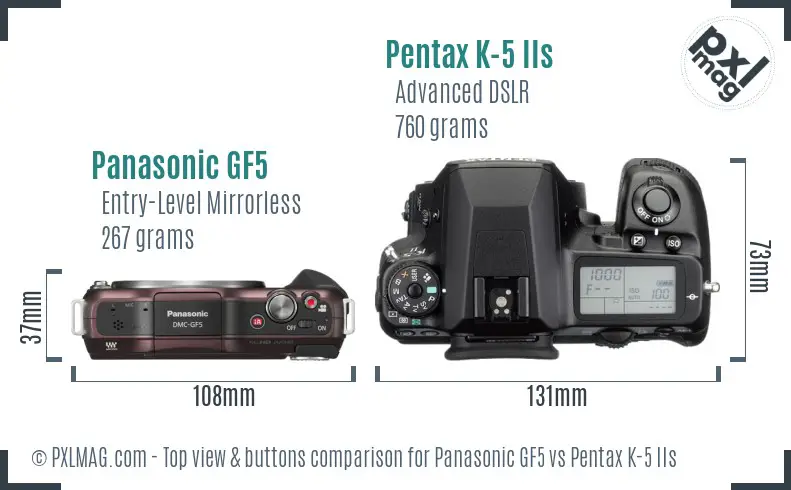 Panasonic GF5 vs Pentax K-5 IIs top view buttons comparison