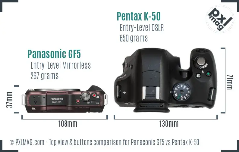 Panasonic GF5 vs Pentax K-50 top view buttons comparison