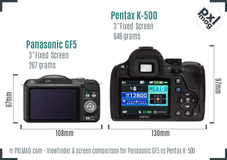 Panasonic GF5 vs Pentax K-500 Screen and Viewfinder comparison