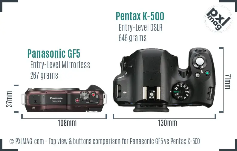 Panasonic GF5 vs Pentax K-500 top view buttons comparison