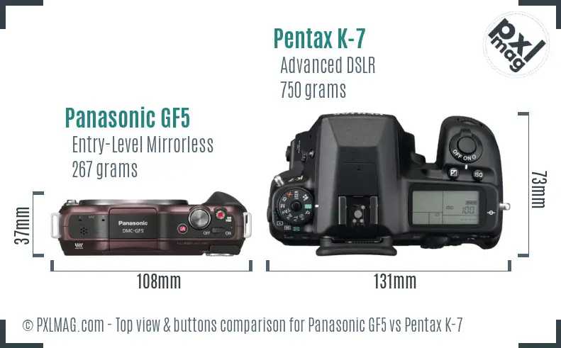 Panasonic GF5 vs Pentax K-7 top view buttons comparison