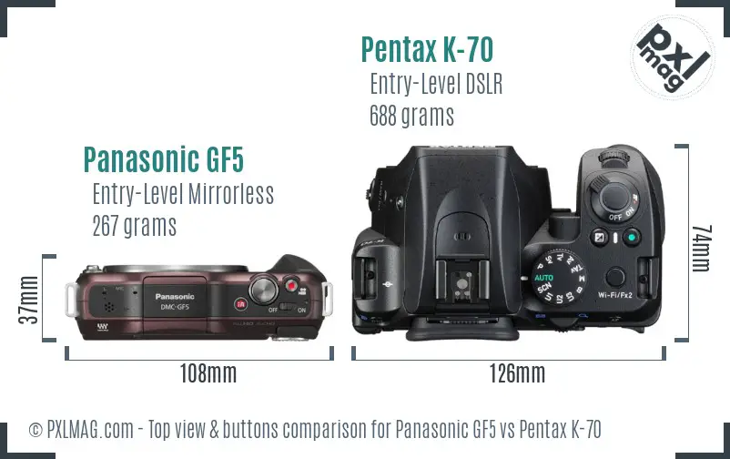 Panasonic GF5 vs Pentax K-70 top view buttons comparison