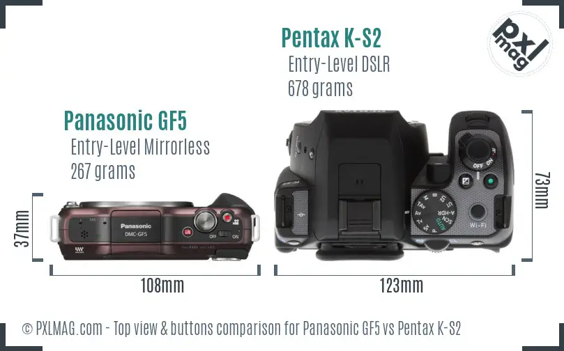 Panasonic GF5 vs Pentax K-S2 top view buttons comparison