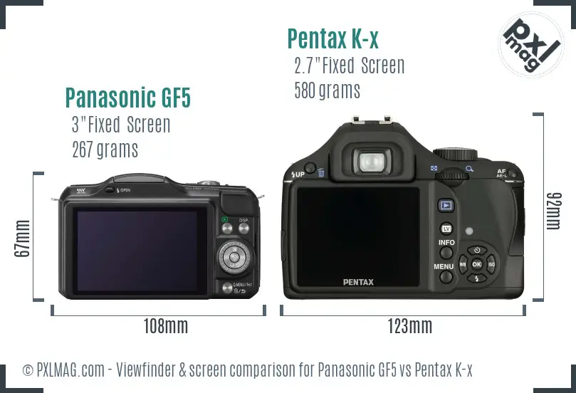 Panasonic GF5 vs Pentax K-x Screen and Viewfinder comparison