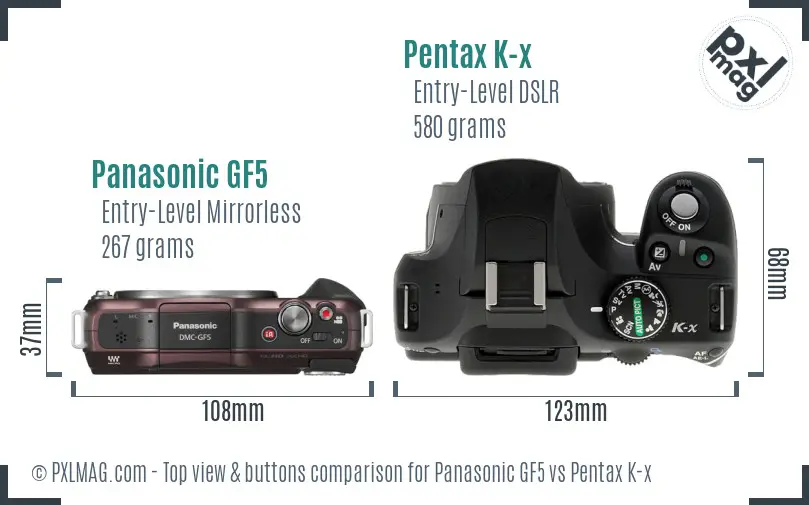Panasonic GF5 vs Pentax K-x top view buttons comparison