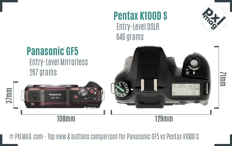 Panasonic GF5 vs Pentax K100D S top view buttons comparison