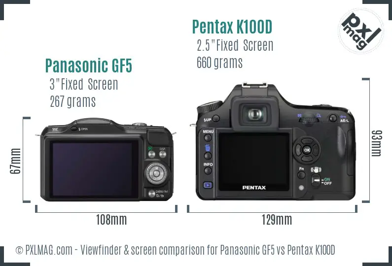 Panasonic GF5 vs Pentax K100D Screen and Viewfinder comparison