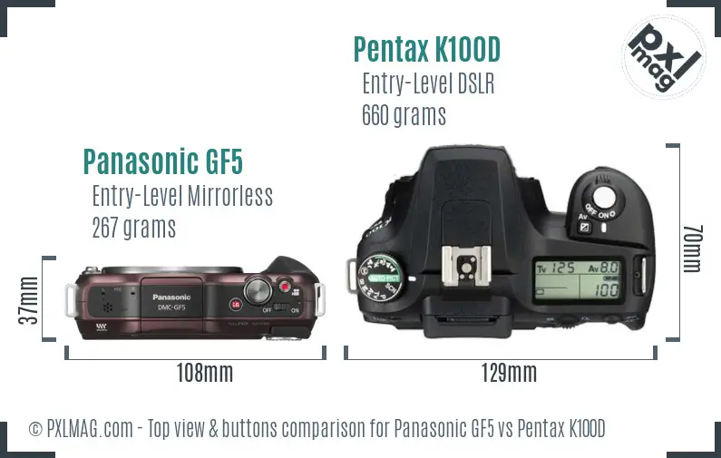 Panasonic GF5 vs Pentax K100D top view buttons comparison