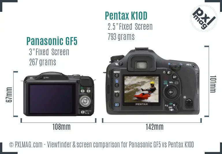 Panasonic GF5 vs Pentax K10D Screen and Viewfinder comparison