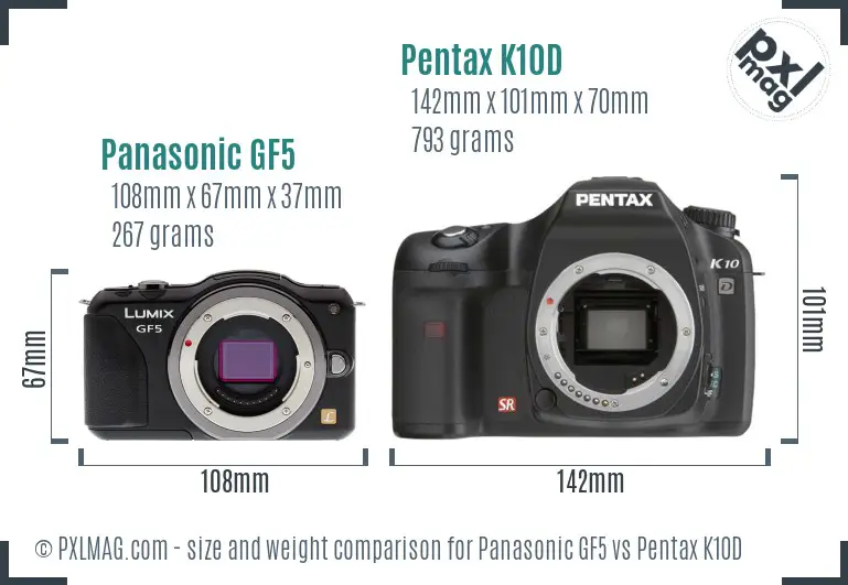 Panasonic GF5 vs Pentax K10D size comparison