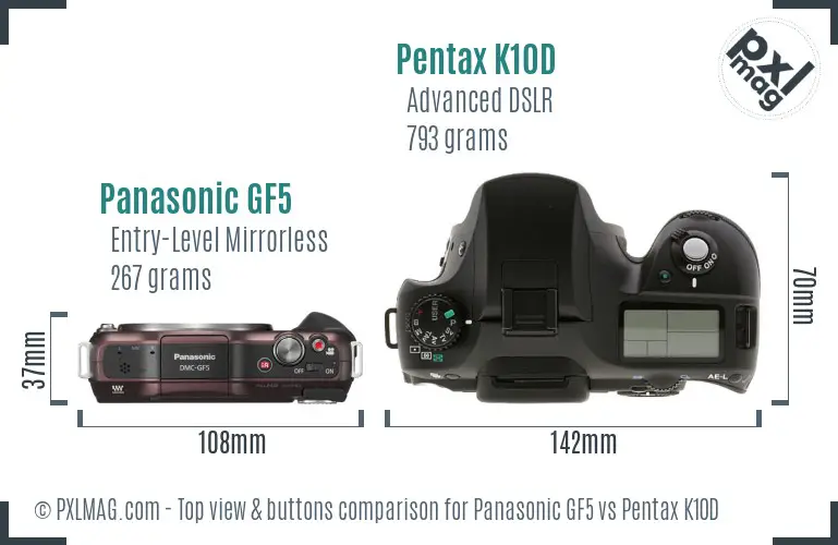 Panasonic GF5 vs Pentax K10D top view buttons comparison