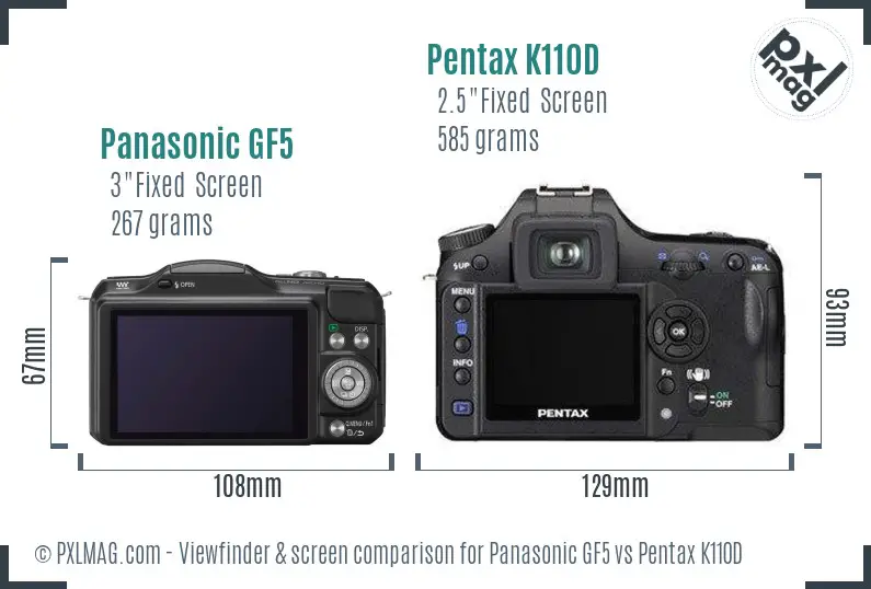 Panasonic GF5 vs Pentax K110D Screen and Viewfinder comparison