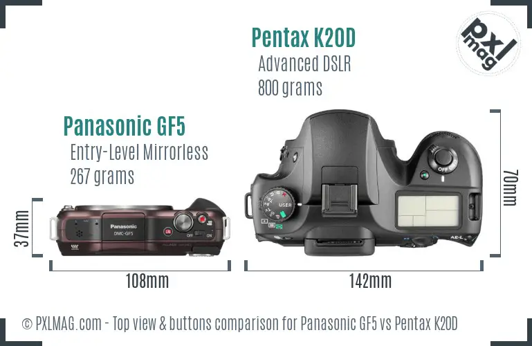 Panasonic GF5 vs Pentax K20D top view buttons comparison