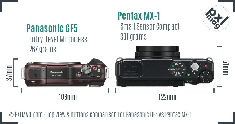 Panasonic GF5 vs Pentax MX-1 top view buttons comparison