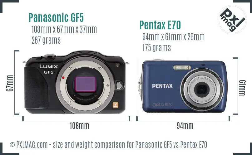 Panasonic GF5 vs Pentax E70 size comparison