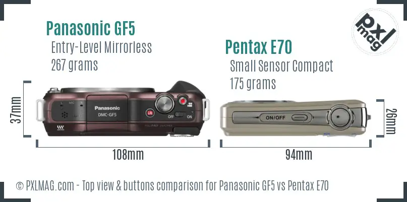 Panasonic GF5 vs Pentax E70 top view buttons comparison