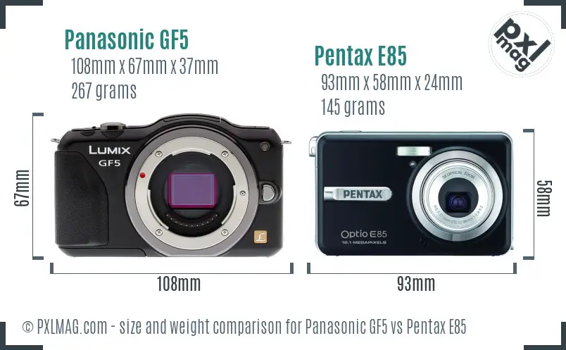 Panasonic GF5 vs Pentax E85 size comparison