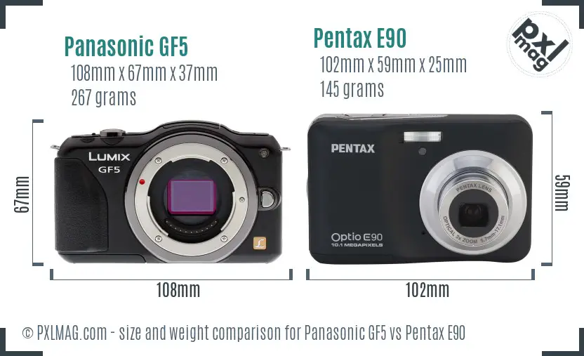 Panasonic GF5 vs Pentax E90 size comparison