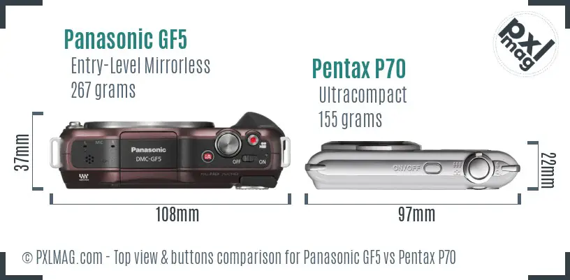 Panasonic GF5 vs Pentax P70 top view buttons comparison