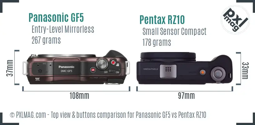 Panasonic GF5 vs Pentax RZ10 top view buttons comparison