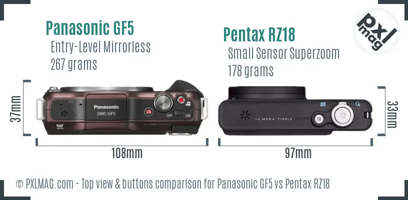 Panasonic GF5 vs Pentax RZ18 top view buttons comparison