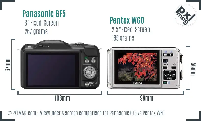 Panasonic GF5 vs Pentax W60 Screen and Viewfinder comparison