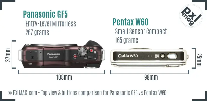 Panasonic GF5 vs Pentax W60 top view buttons comparison