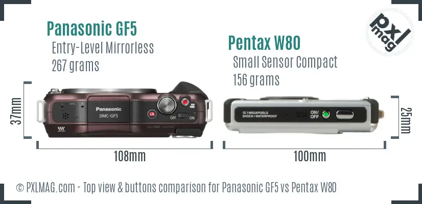 Panasonic GF5 vs Pentax W80 top view buttons comparison