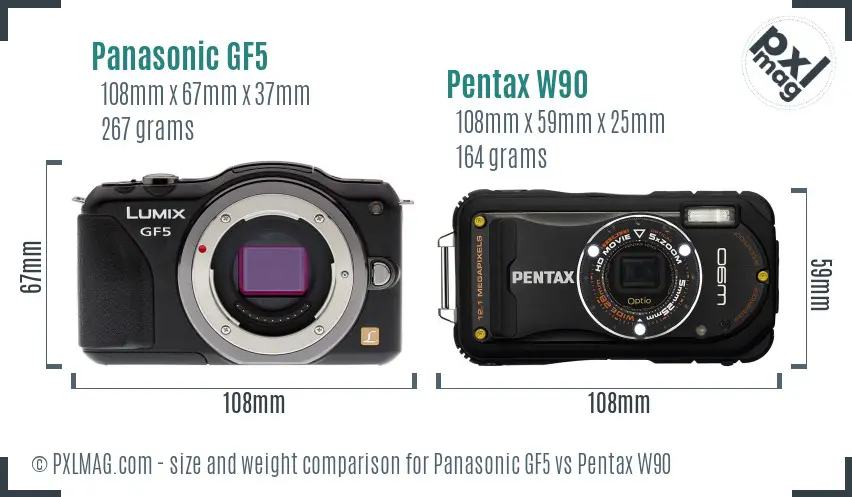 Panasonic GF5 vs Pentax W90 size comparison