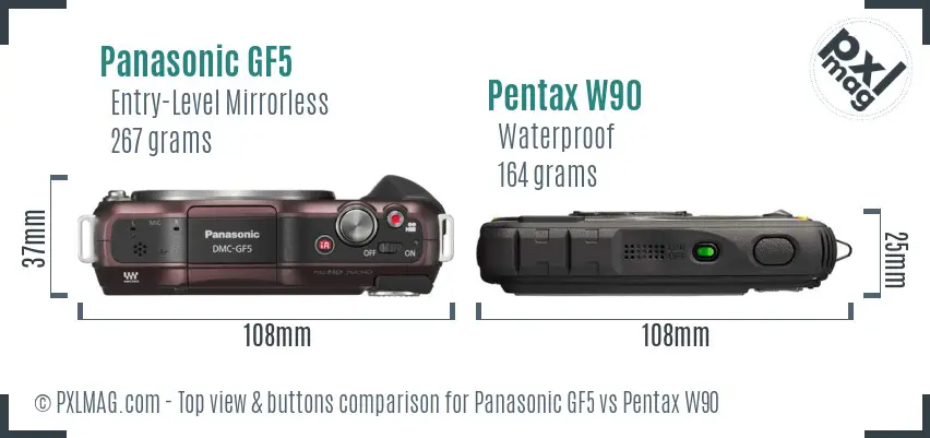 Panasonic GF5 vs Pentax W90 top view buttons comparison
