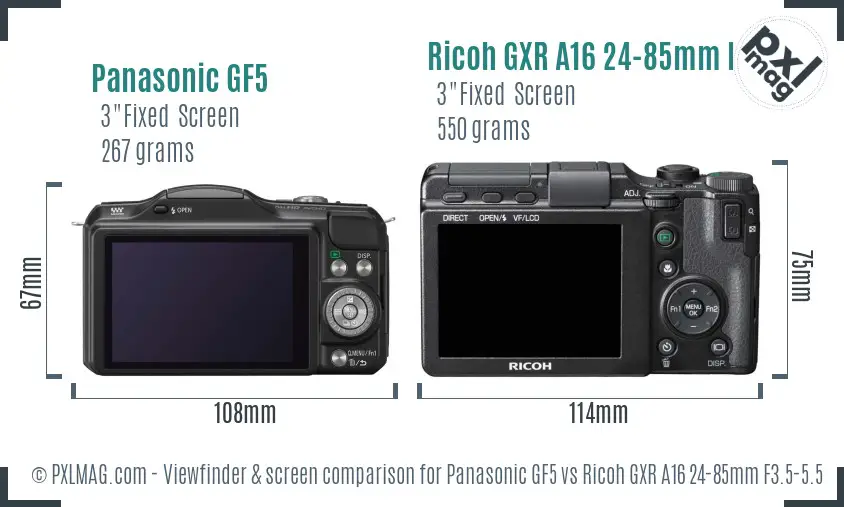 Panasonic GF5 vs Ricoh GXR A16 24-85mm F3.5-5.5 Screen and Viewfinder comparison