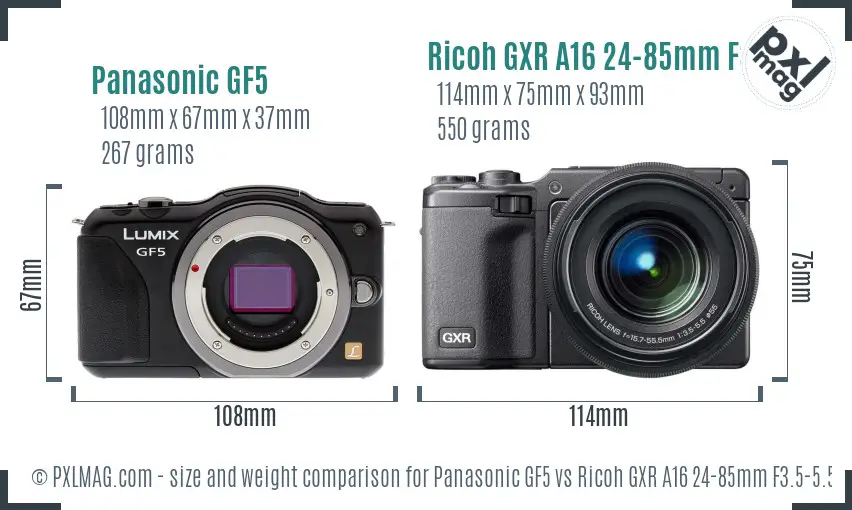 Panasonic GF5 vs Ricoh GXR A16 24-85mm F3.5-5.5 size comparison