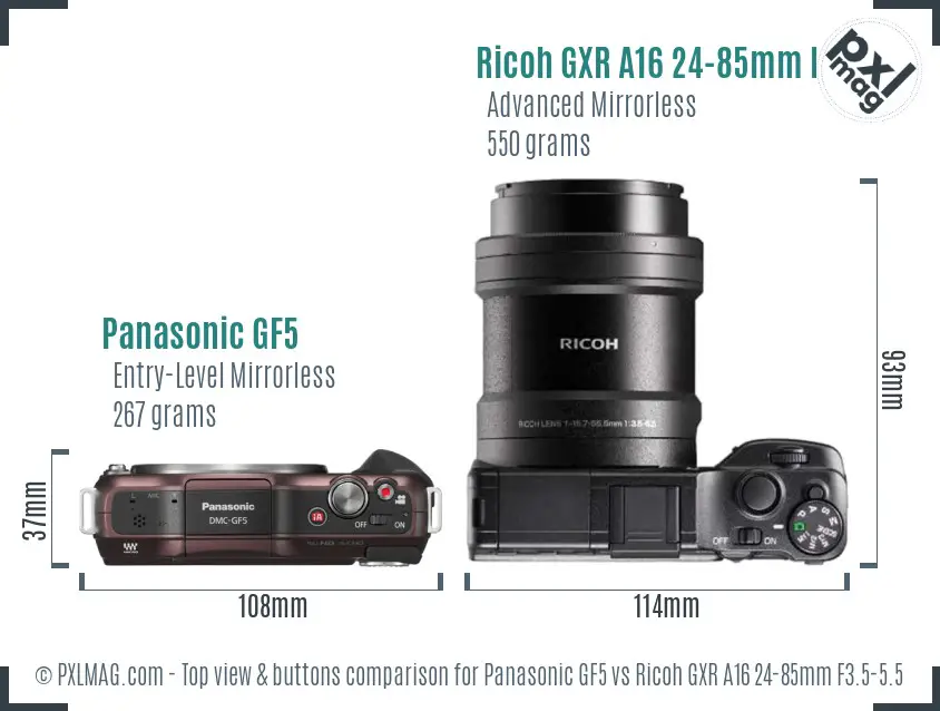 Panasonic GF5 vs Ricoh GXR A16 24-85mm F3.5-5.5 top view buttons comparison