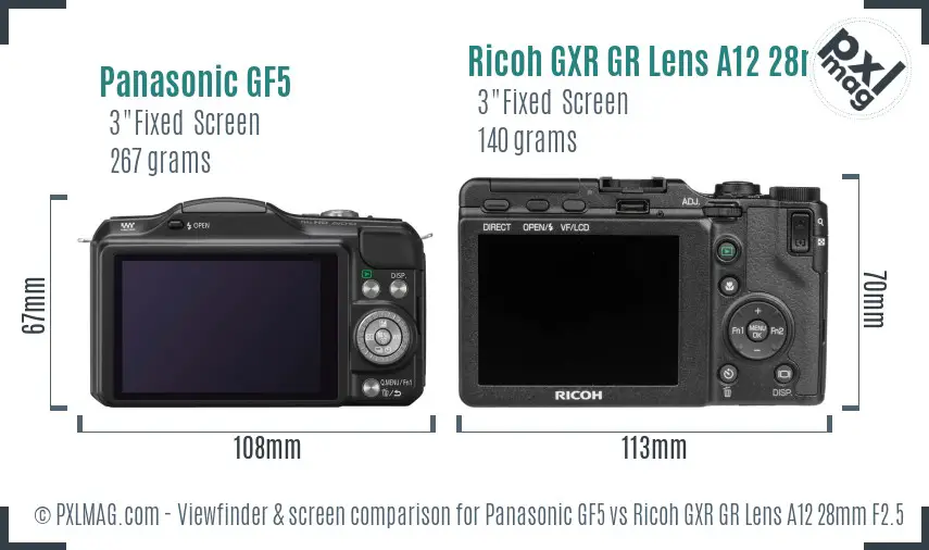Panasonic GF5 vs Ricoh GXR GR Lens A12 28mm F2.5 Screen and Viewfinder comparison