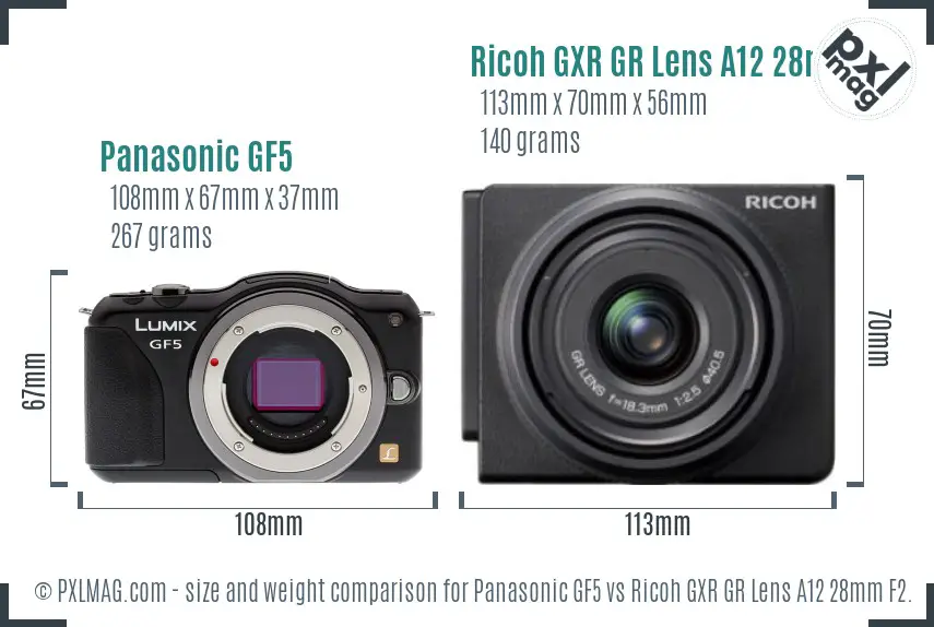 Panasonic GF5 vs Ricoh GXR GR Lens A12 28mm F2.5 size comparison
