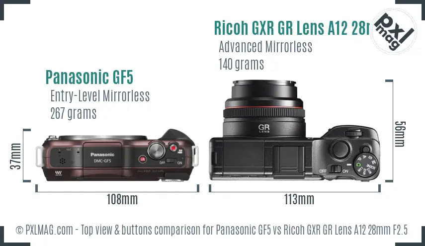 Panasonic GF5 vs Ricoh GXR GR Lens A12 28mm F2.5 top view buttons comparison
