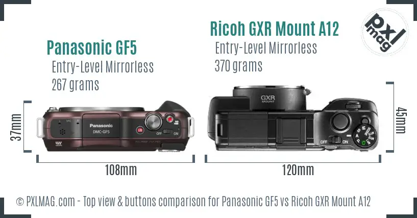 Panasonic GF5 vs Ricoh GXR Mount A12 top view buttons comparison Panasonic GF5 vs Ricoh GXR Mount A12 top view buttons comparison