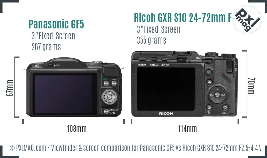 Panasonic GF5 vs Ricoh GXR S10 24-72mm F2.5-4.4 VC Screen and Viewfinder comparison